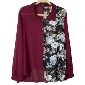 Shein Curve Two-Toned Floral Button Down Sheer Long Sleeve Blouse Size 4XL 4X